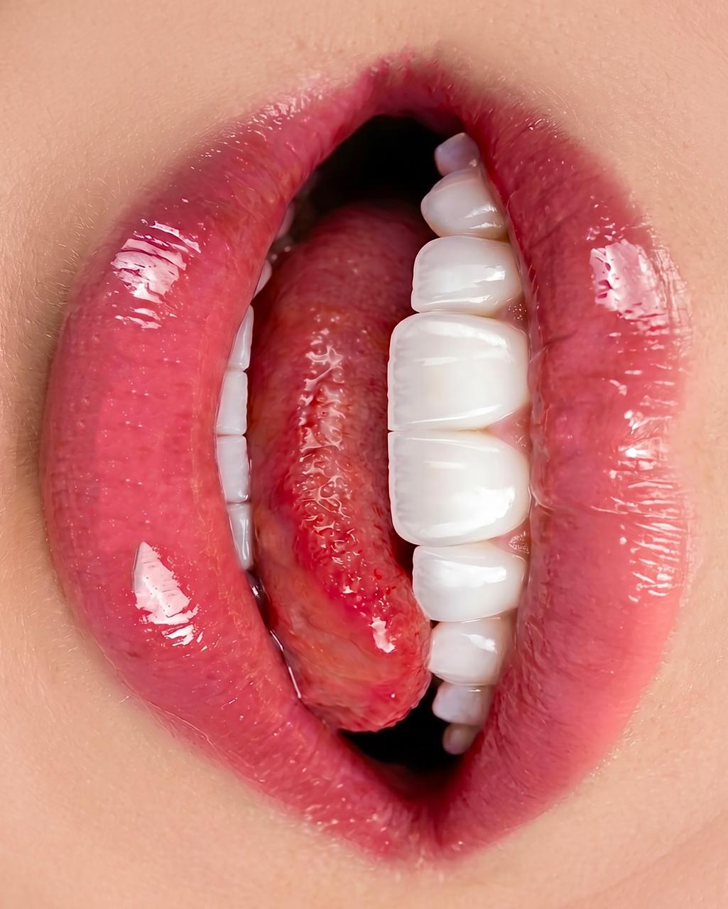 Glossy smile with tongue detail at Sari's Clinic